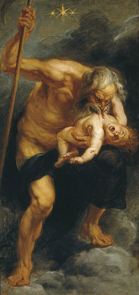 The first version is from Peter Paul Rubens in 1638. It's called Saturn Devouring His Son. So Saturn is the Roman equivalent of Kronos. And here he's depicted as a callous old man who's eating directly from the chest of a child.