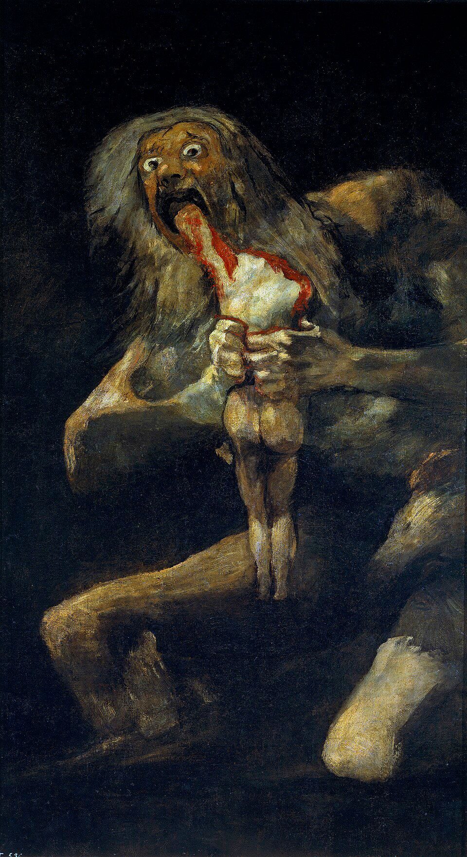 The other version of Kronos, probably the more terrifying one, is from 1820. Now this is Francisco de Goya. This is 200 years after Rubens. Goya is a Spanish painter. He's gone deaf at this point. He's moved into a house where he's chosen in old age to paint all these terrible murals all along the walls. They're called his black painting series. And in one of those, he's, there's Saturn and Kronos, biting off the head of what looks to be a man-child, and now he's chewing on the limb, and Saturn is looking at you, and he looks like he's lost himself. He looks remorseful. He looks like he doesn't want to eat the child, but he must.