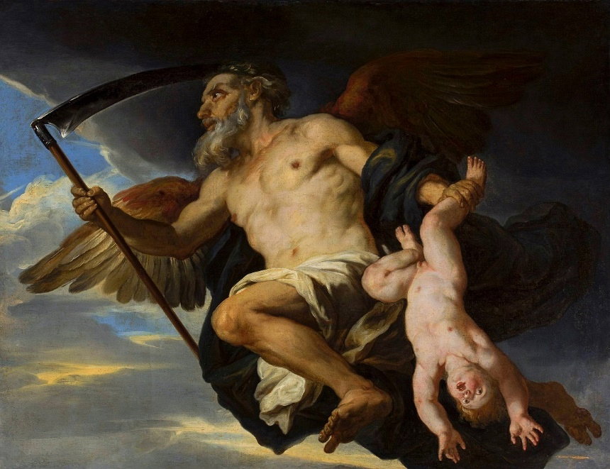 Chronos is also the Titan of time. Now, if you say that at a party, somebody's going to say, "No, it was an orthographic mistake. Chronos does not mean Kronos." And they would be right. However, the Greeks made this mistake themselves. The Romans made this mistake, right? So after 2,500 years, it has become part of the mainstream tradition. By the time you look at Renaissance art and you see paintings of Saturn holding his scythe, you'll know that this scythe was used to castrate his dad Ouranos, hi- the scythe is part of his Roman function as the god of the harvest, and it's also a medieval symbol. It's loosely associated with the, the myth of the Grim Reaper, which is the personification of time essentially knocking at your door when your time is up.
